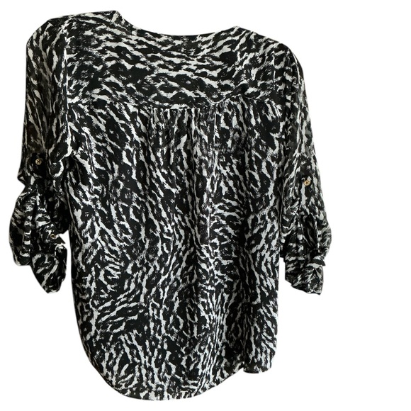 Calvin Klein Black and White Blouse - Tunic Women's Top with Rolled Sleeves XS - Picture 2 of 8